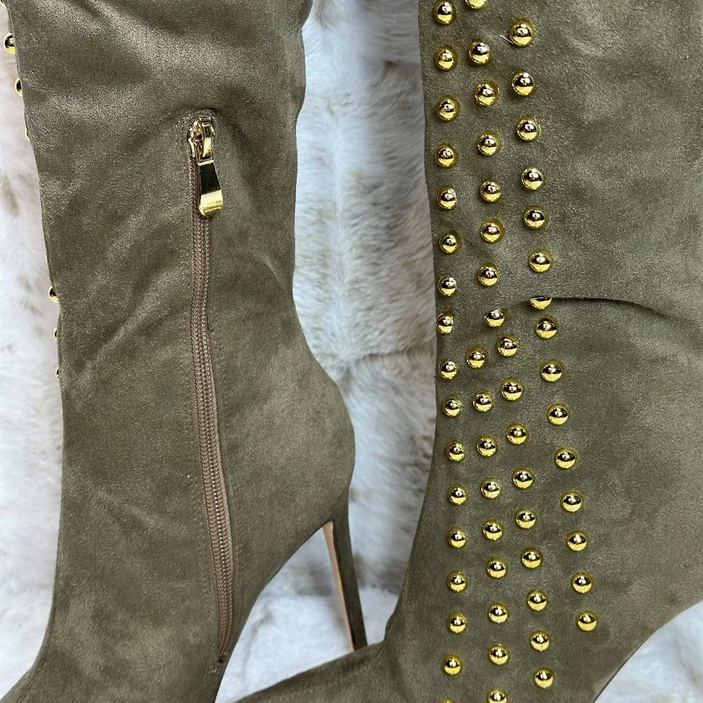 *So Me Olive Army Green Gold Stud Thigh High Heel Boots